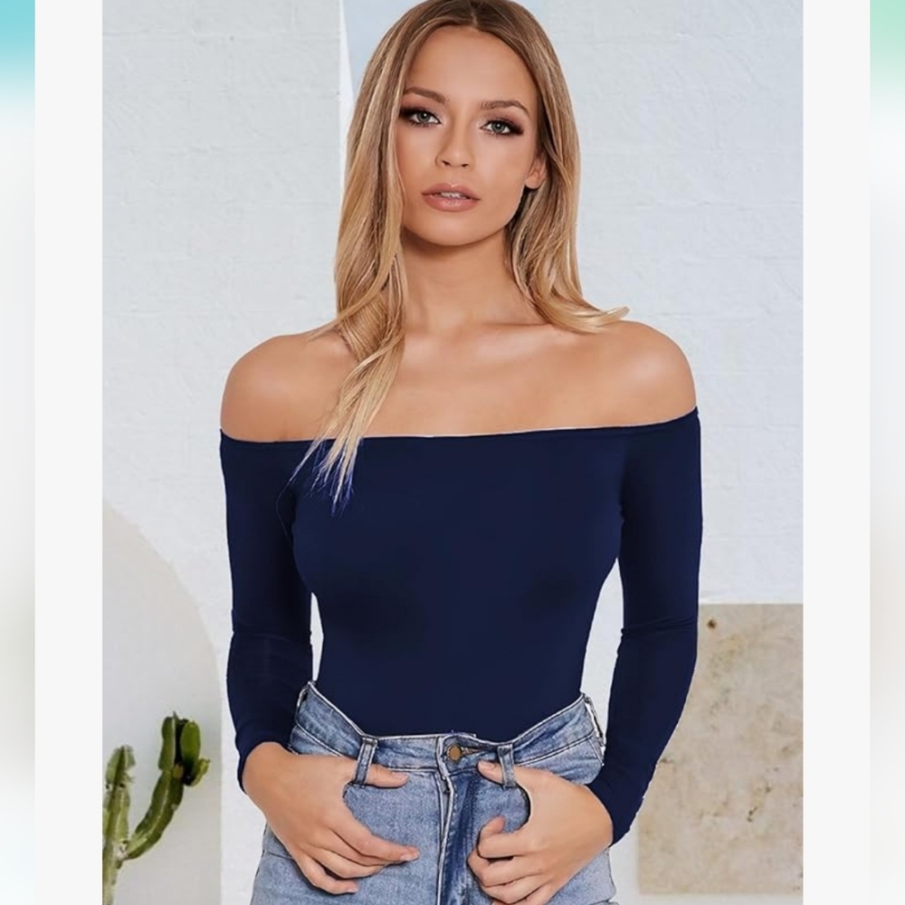 Elegant Navy Off-Shoulder Stretchy Top Brand New Never Worn